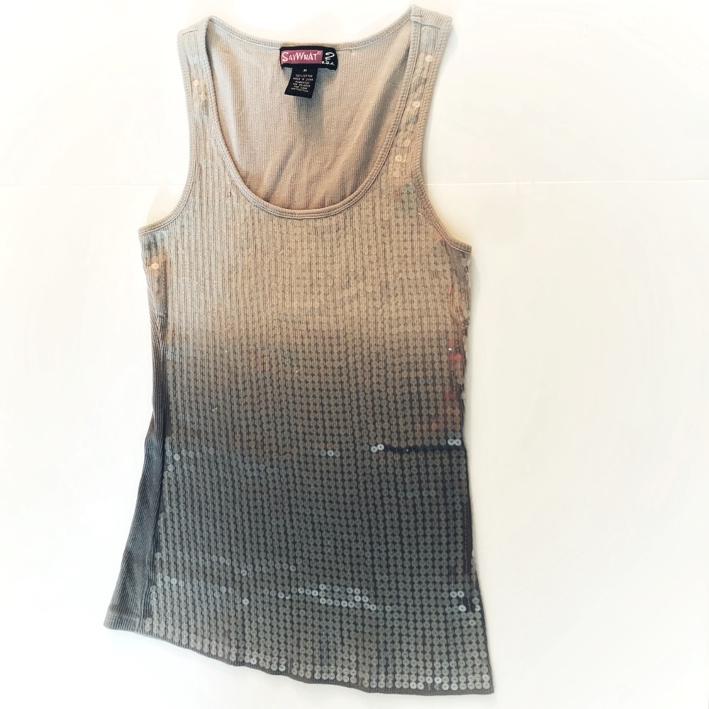 Say What Women’s Cotton Tank Top Gradient Gray W/ Front Sequins - Size M Medium